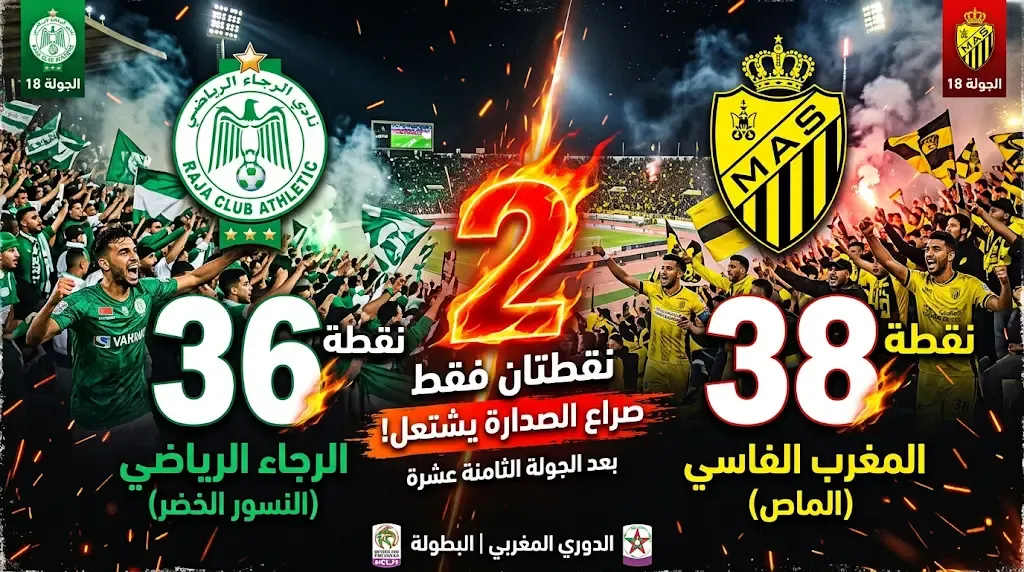 Moroccan League Standings 2026: After Round 18, FUS of Rabat Stumbles and Raja Narrows the Gap to Two Points