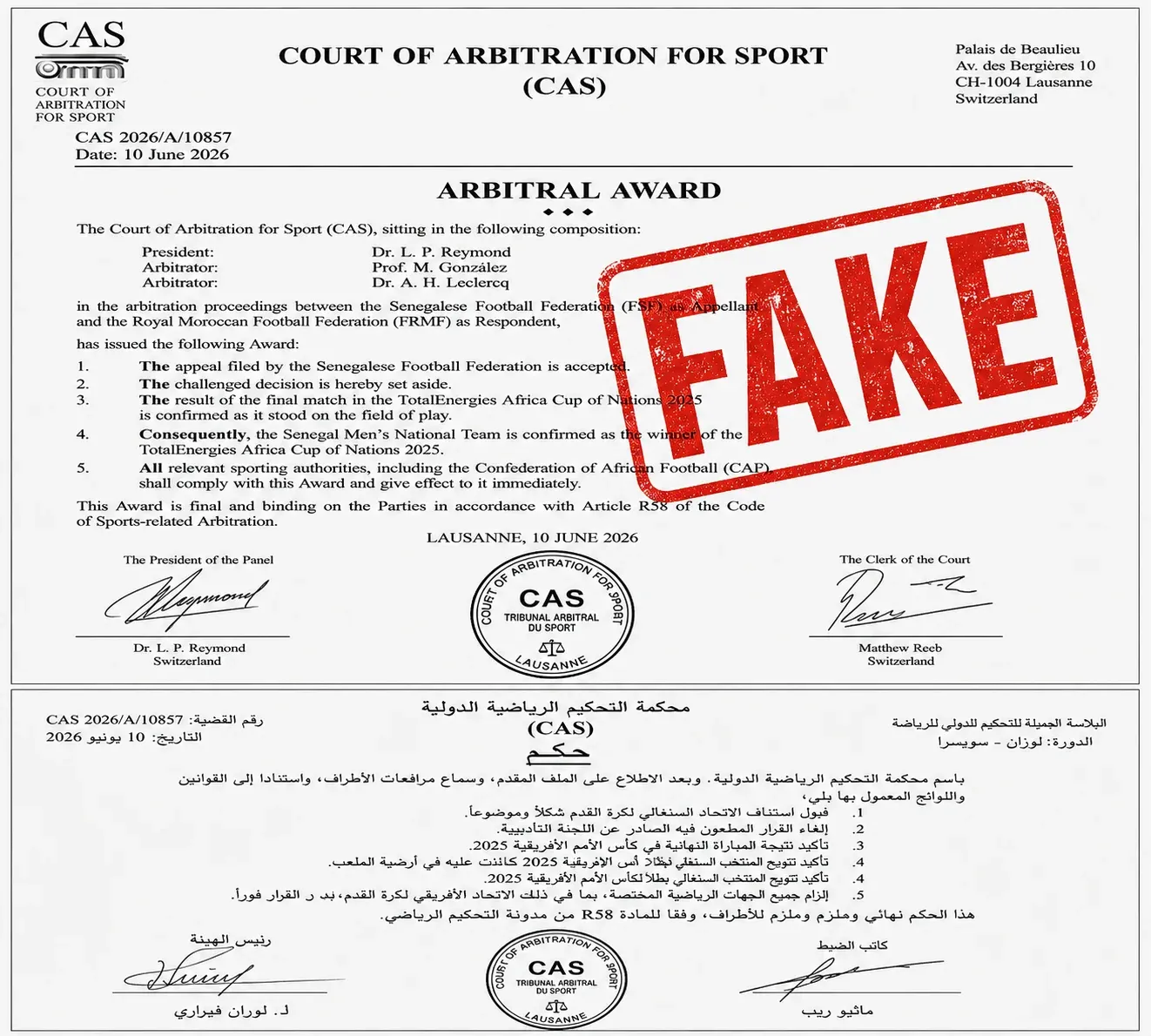 Debunking the Fake News: Has the CAS Ruled on the 2025 AFCON Title Between Morocco and Senegal?
